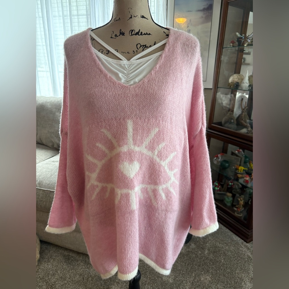 Pink oversized cozy V-Neck Sweater with Evil Eye Design